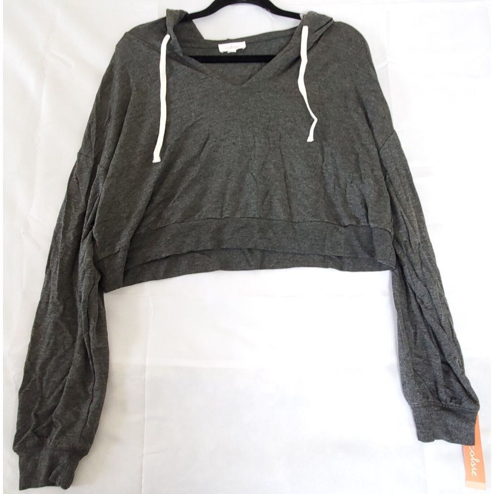 Colsie Long Sleeve Womens Hooded Cropped Top - Charcoal Gray XL NWT
